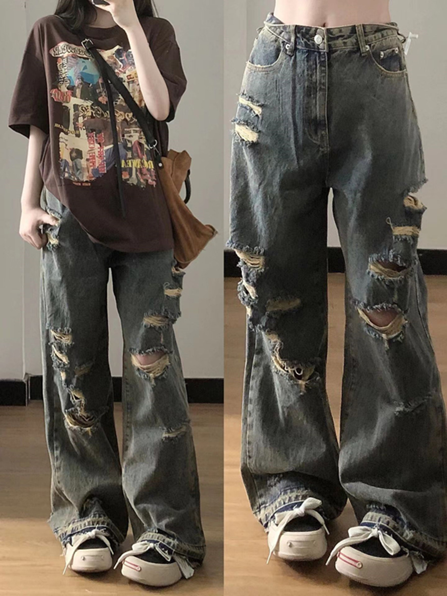 Pants High Street ins National Tide Loose Wide Leg European and American 2023 High Waist Ripped Jeans Women's Summer Hair