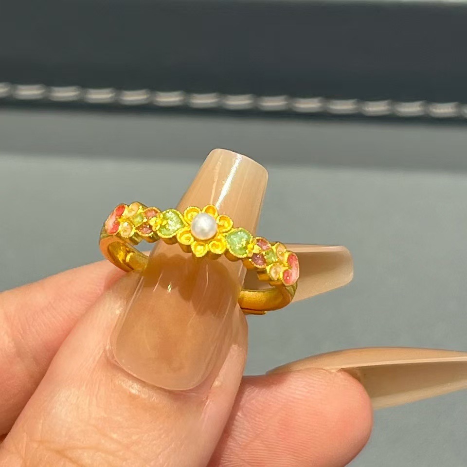 2025 New Chinese Style Fashion All-match Exquisite Linger Sanskrit Flower Pearl Ring Light Luxury Niche Style New Chinese Style Jewelry