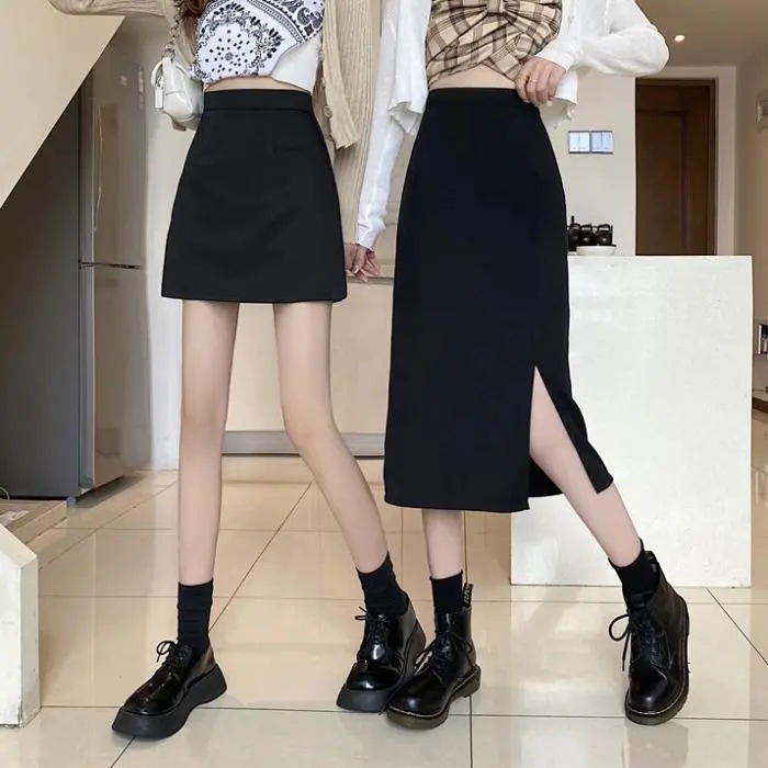 Women's Skirt Autumn 2024 New High Waist plus size chubby girl Split Mid-length A- line Skirt Black Hip Skirt Trendy