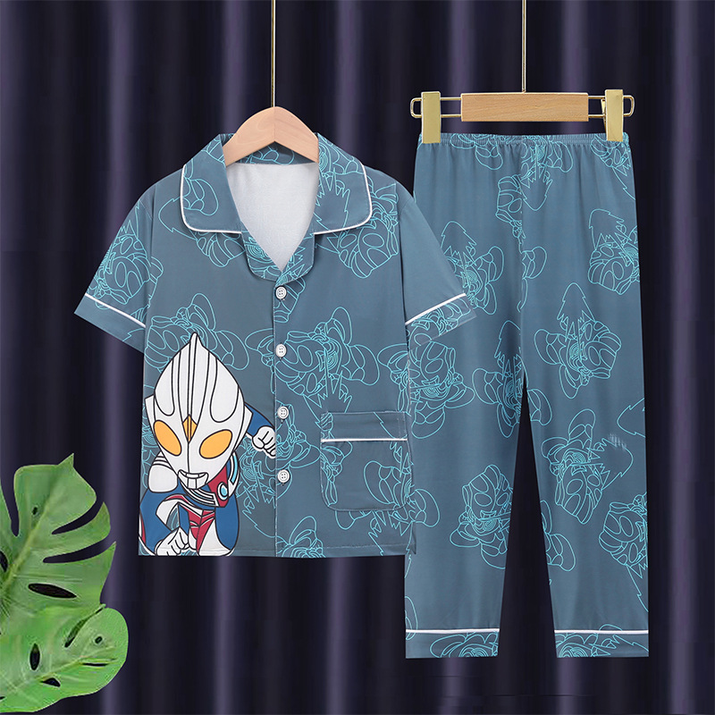 Picture of Children's pajamas men's medium and large children's short-sleeved trousers cardigan summer air conditioning clothes boys' cartoon homewear suit outer wear