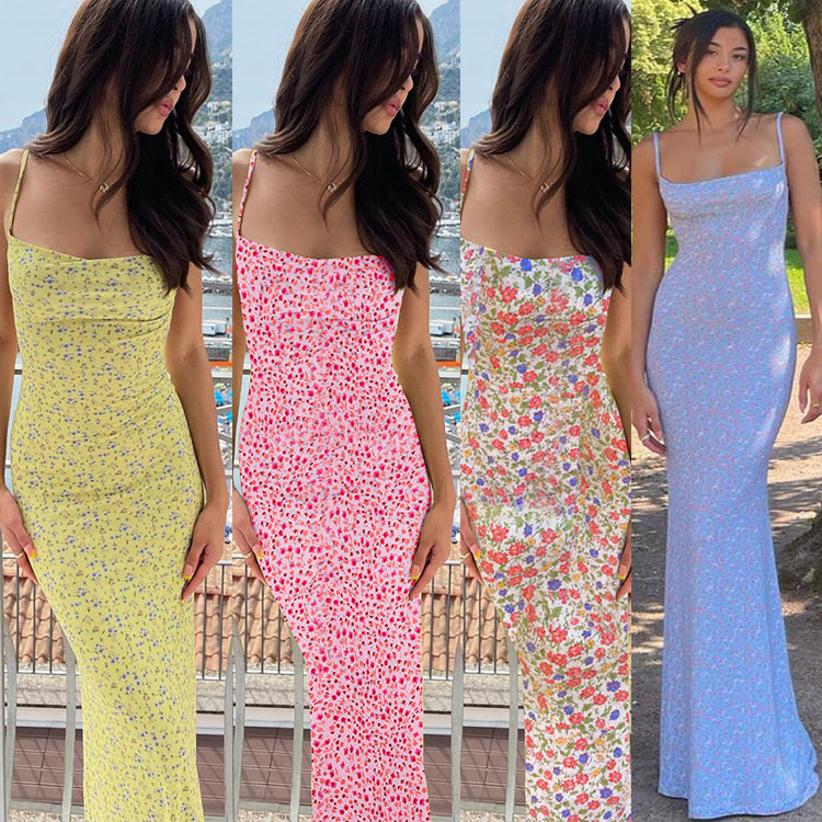 2024 Summer Style European and American Women's Clothing New Amazon Sexy Slim Backless Suspender Floral Dress Beach Dress