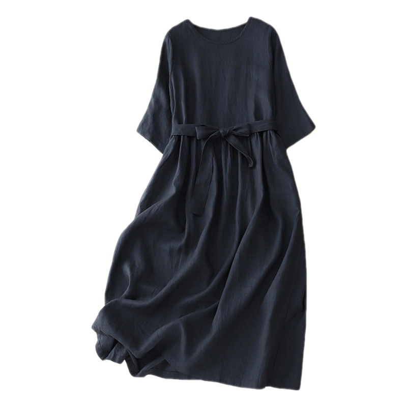2024 Summer Simple and Elegant Simple Cotton and Linen dress Art Classic Round Neck Mid-Sleeve Long Dress with Belt