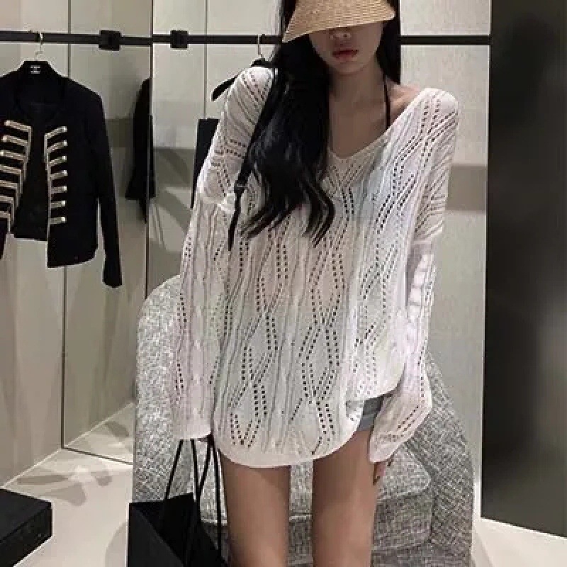 South Korea Dongdaemun summer new thin V-neck pullover back lace-up long sleeve sun protection knitted blouse