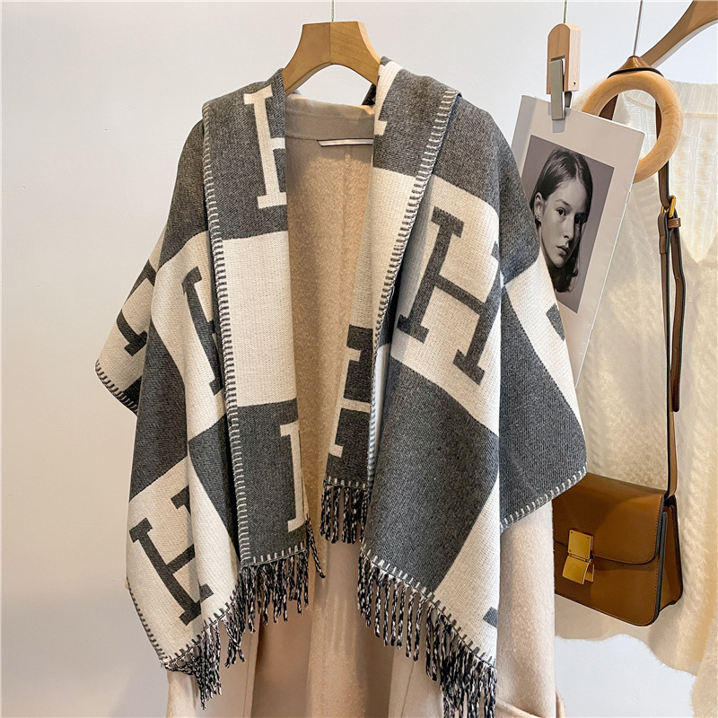 ins Cyber Celebrity Core-spun Yarn Scarf Winter New Double-sided Long Letter Shawl Warm Holiday Gift Scarf for Women