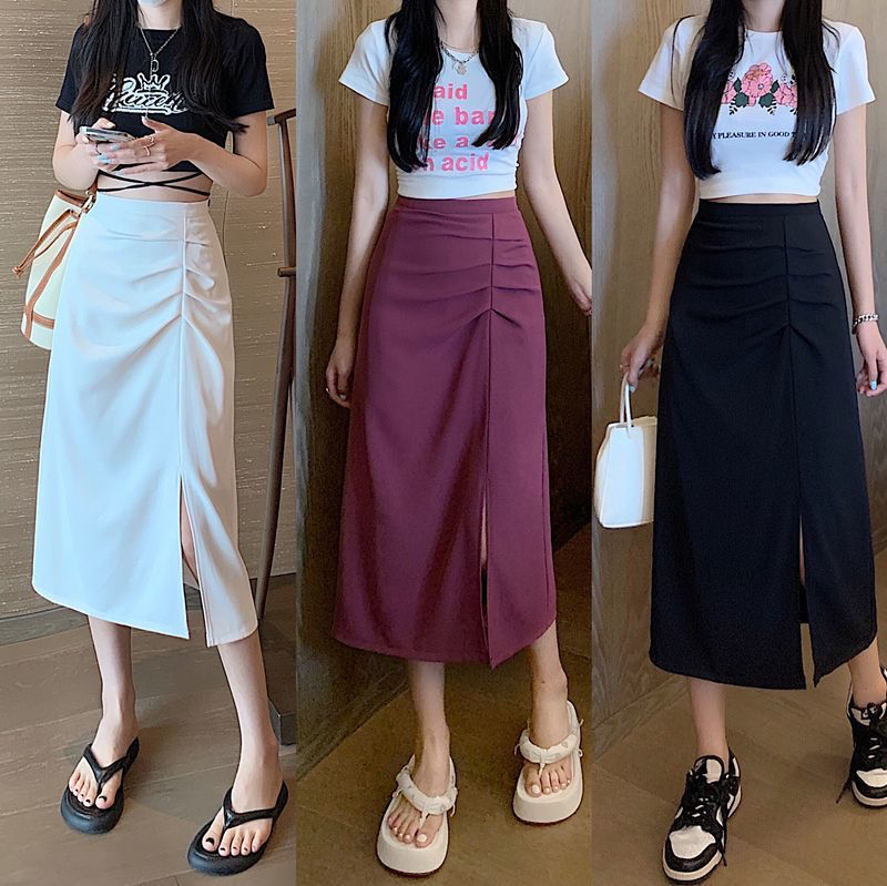 Black Skirt Women's Summer Popular New High Waist Dipping Irregular Hip A- line Skirt Small Long Skirt