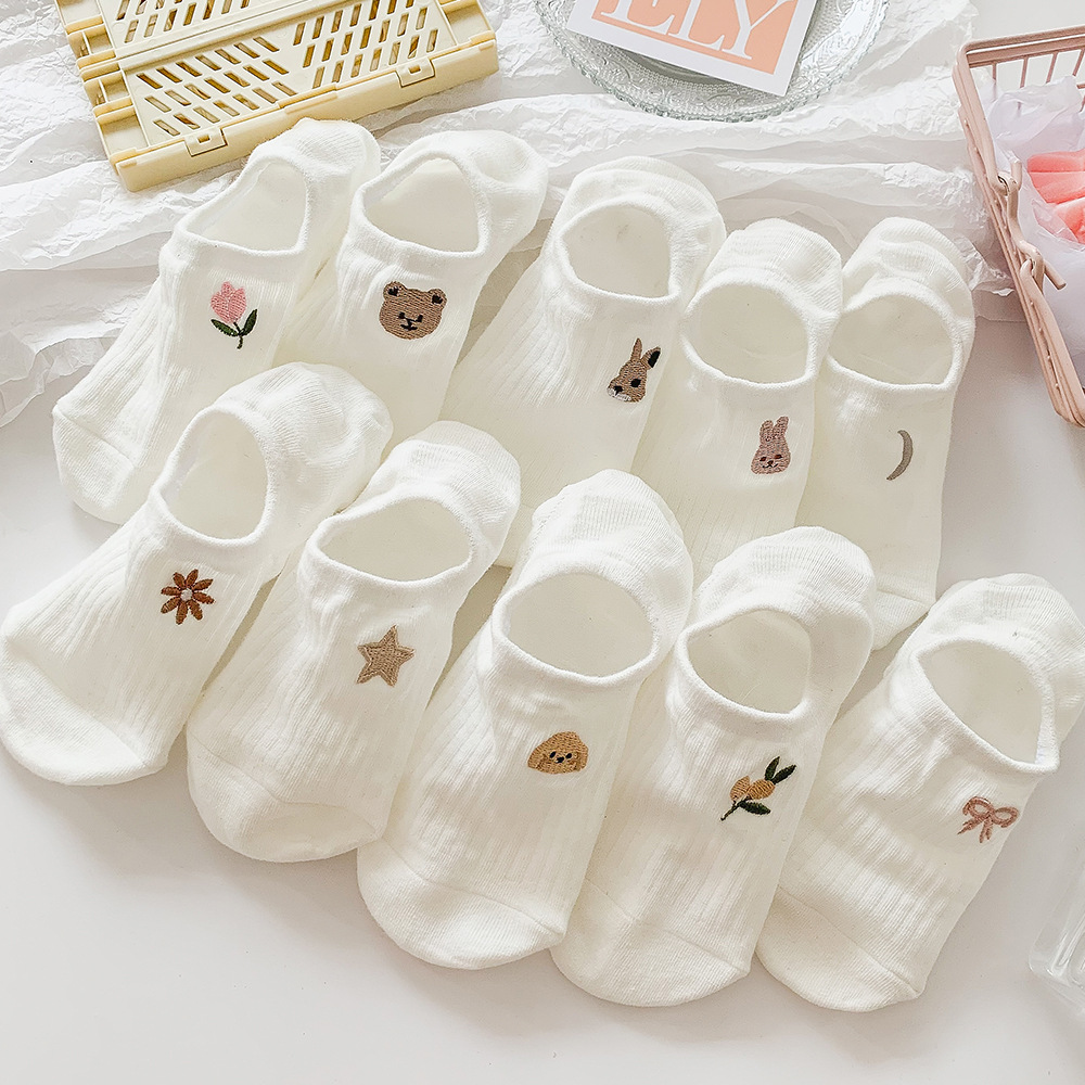 Bear White Boat Socks Women's Low-top Shallow Mouth Summer Thin Ins Trendy Pure Cotton Invisible Socks Non-slip Heel Socks