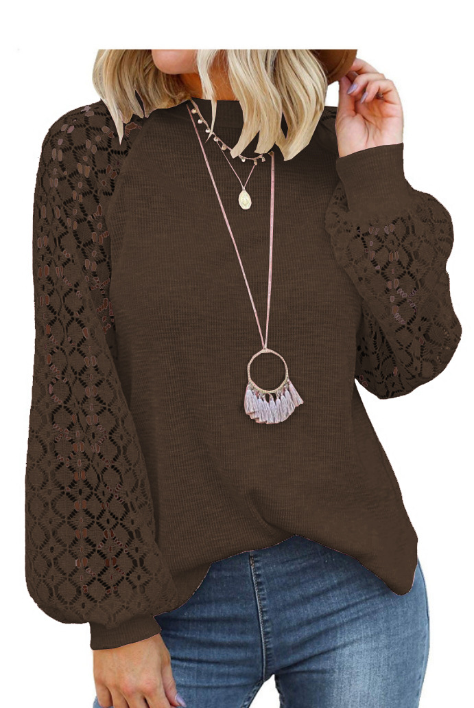 Picture of 2025 New Women's Clothing Amazon Cross-Border Round Neck Long Sleeve Lace Patchwork Loose Top for Women