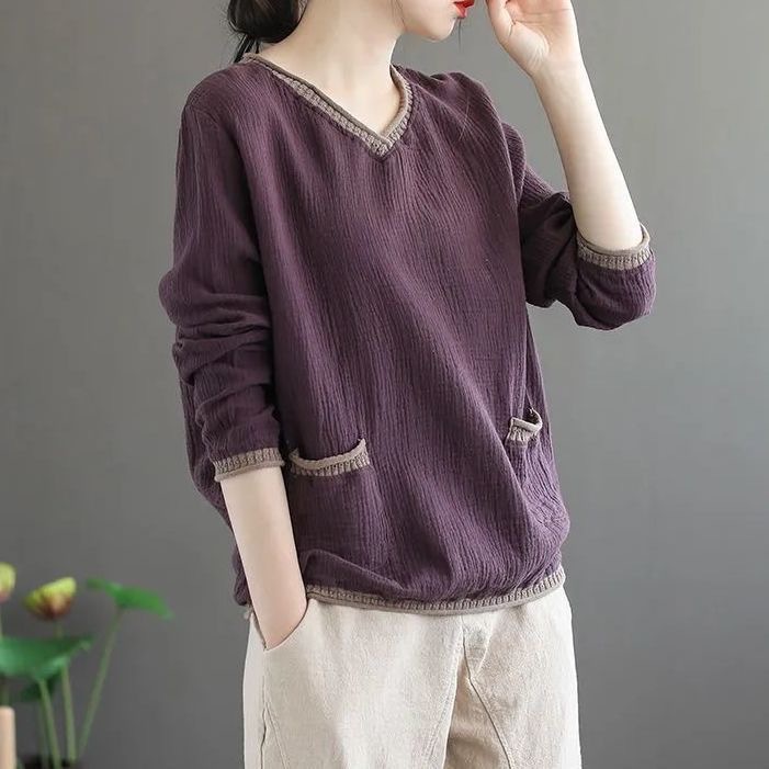 2025 New Ethnic Style Pure Cotton Vintage Solid Color V-neck Base Shirt, Loose Slimming Ribbed Patchwork Pocket Top