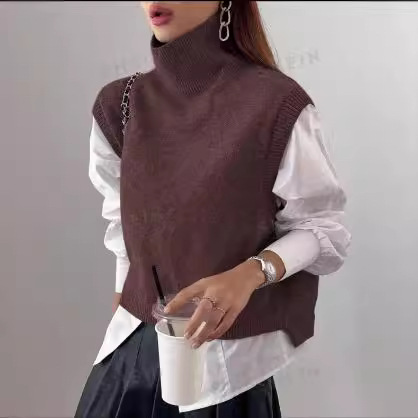 Picture of High-Neck Knitted Vest for Women, Korean Style, Loose Casual Sleeveless Sweater, Outerwear Layering Vest, Wool Blend