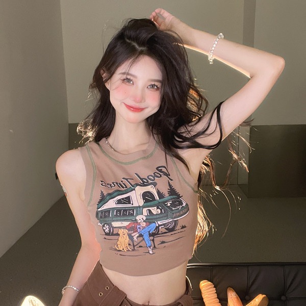 [Factory Source in stock straight hair] Summer letter print niche pattern new women's short navel vest