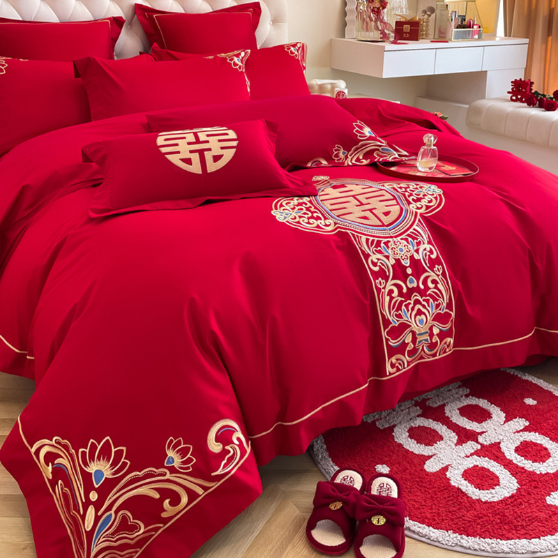 Y * J Chinese Dragon and Phoenix Embroidery Big Red Wedding Four-Piece Set Wedding Accompanying Cotton Six-Piece Bed Sheet Quilt Cover Bed