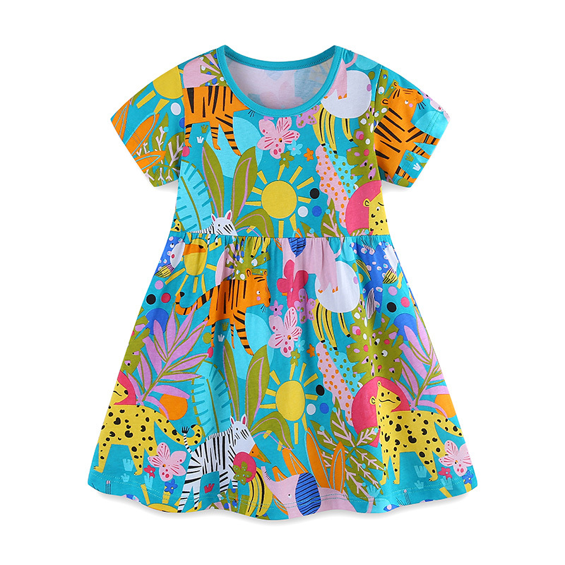 Picture of Summer New Girls' dress Cartoon Animal Print Princess Dress Crewneck Pullover Knitted Cotton Short Sleeve Children's Dress