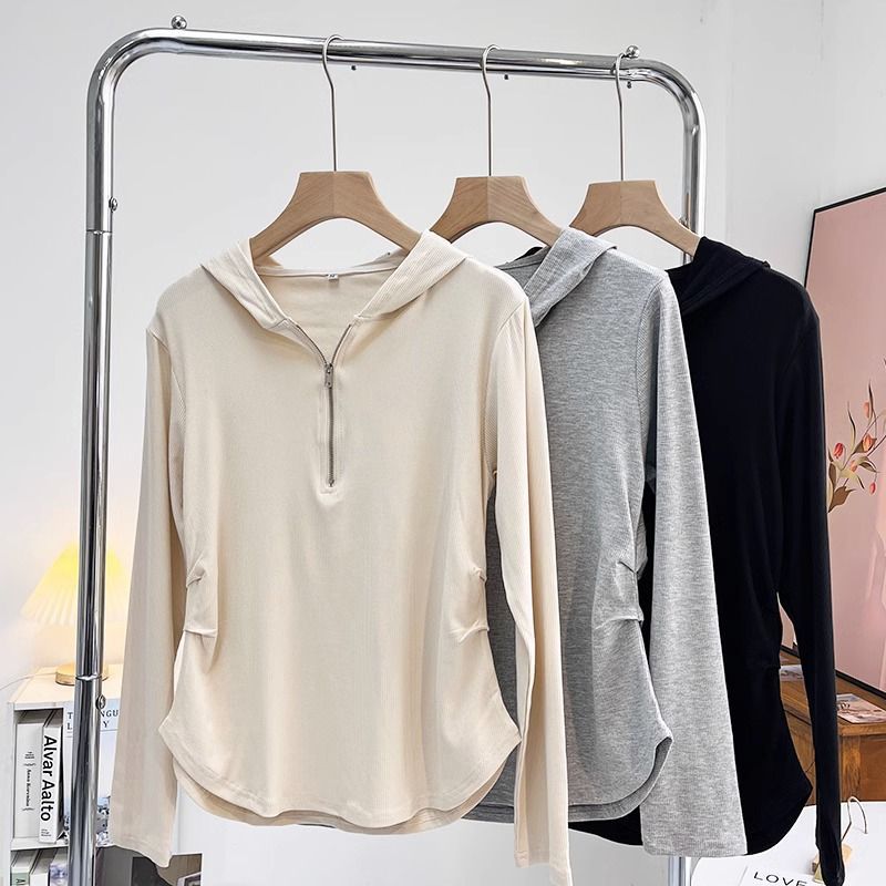 Hooded Zipper Long-sleeved T-shirt Women's Spring and Autumn New Thread Stylisch Slim-fit Waist Design Elegant Top