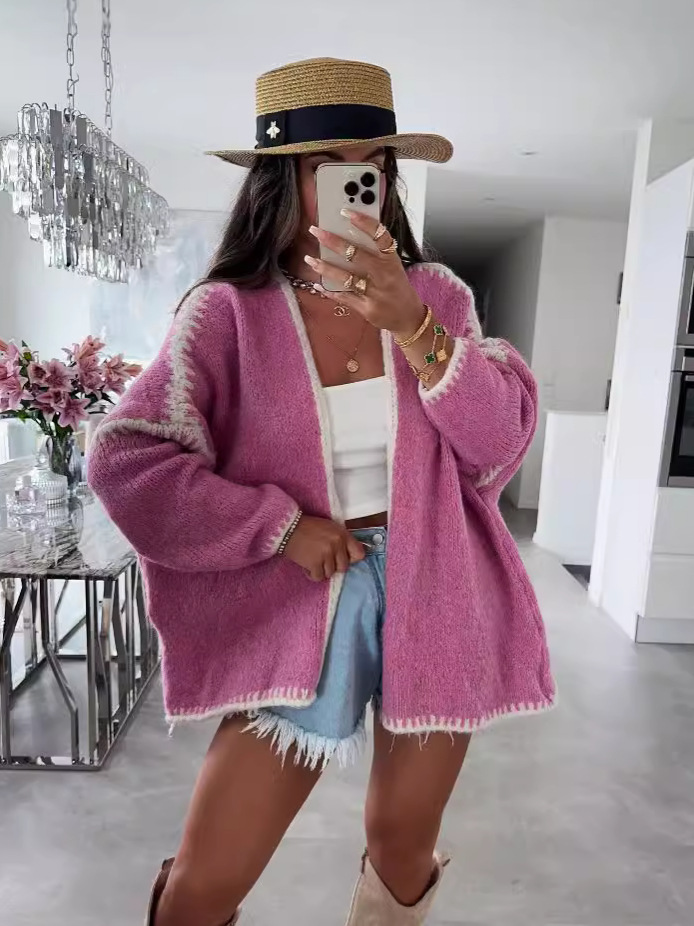 Scandinavian Export Cross-Border Autumn and Winter New Ins Style Thick Needle Imitation Woolen Knitted Sweater Jacket Pure Color Loose Cardigan