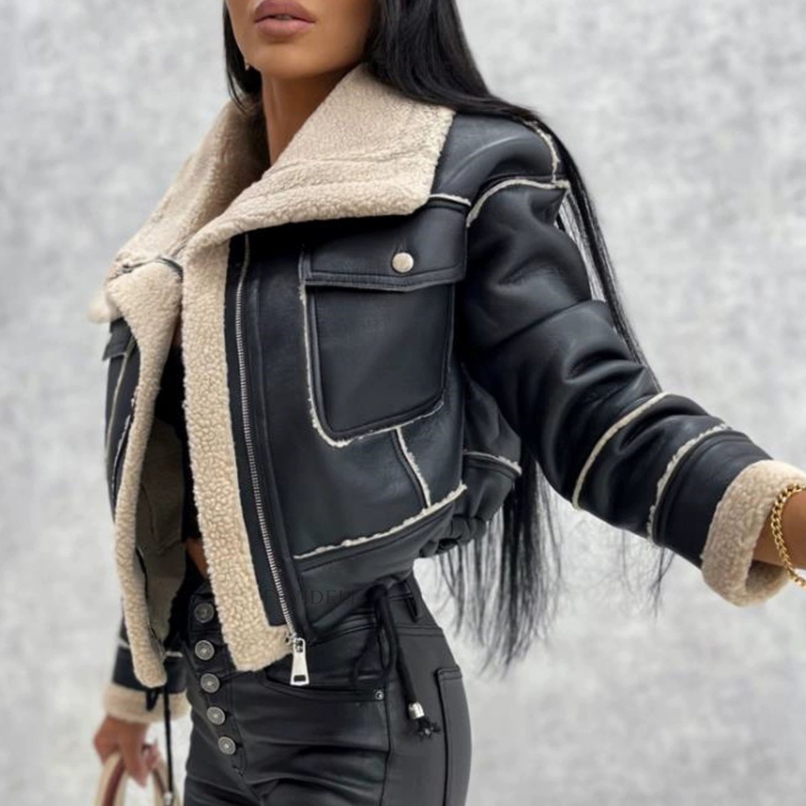 Picture of International Trend Short Leather Coat Short Zipper Motorcycle Leather Jacket Women's Winter