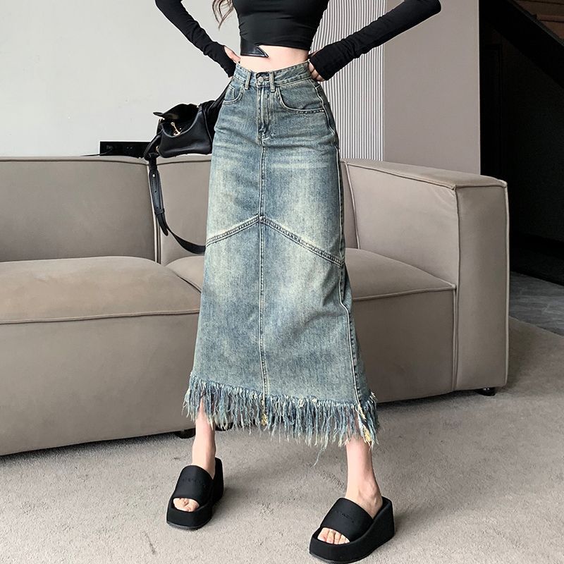 2024 Summer New Vintage Washed Denim Skirt High Waist A- Line Skirt Midi Skirt Women's Hair Generation