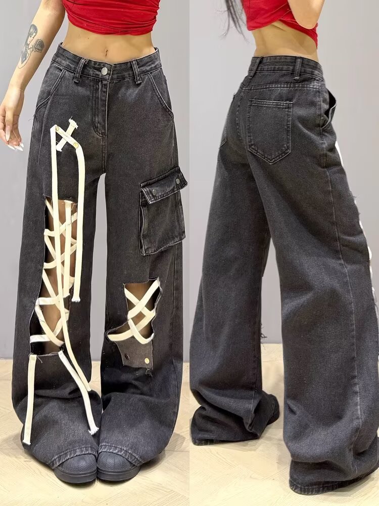Black and Gray Jeans for Women 2025 Spring New Korean Retro High-Waisted Slim Versatile Straight Wide-Leg Long Pants