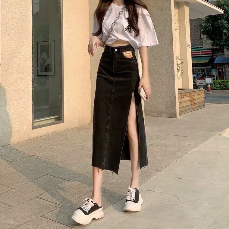 Vintage Split Denim Skirt Women's 2022 Spring and Autumn New Korean Mid-length High Waist Slimming Student A- line Skirt