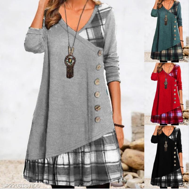 Picture of Amazon AliExpress Independent Station 2022 Autumn New V-Neck Stitching Decorative Buckle Long Sleeve Plaid Printed dress