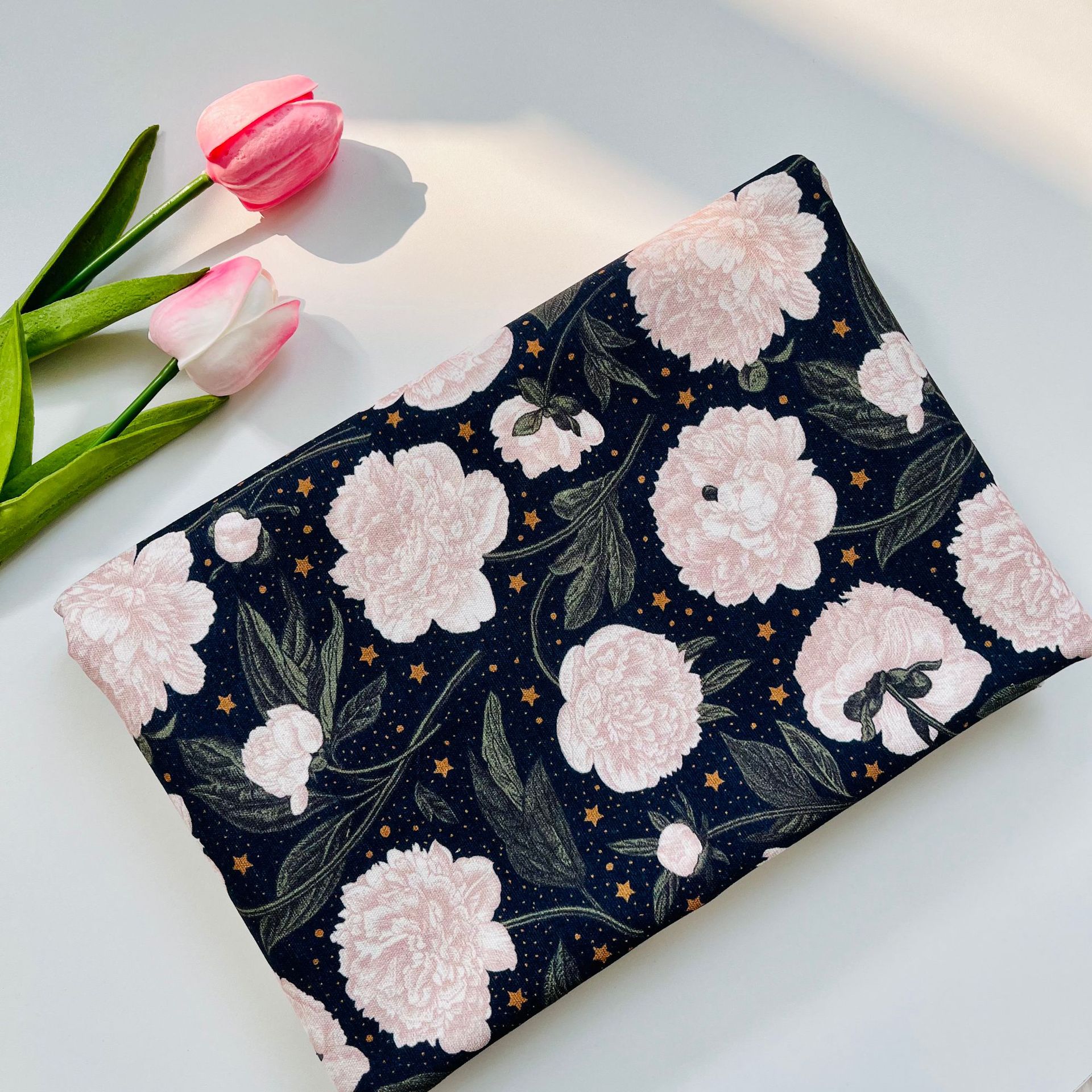 All Cotton Ba'an Canvas Fabric Digital Printing Starry Sky White Peony Bag Jacket Vest Handmade DIY Fabric