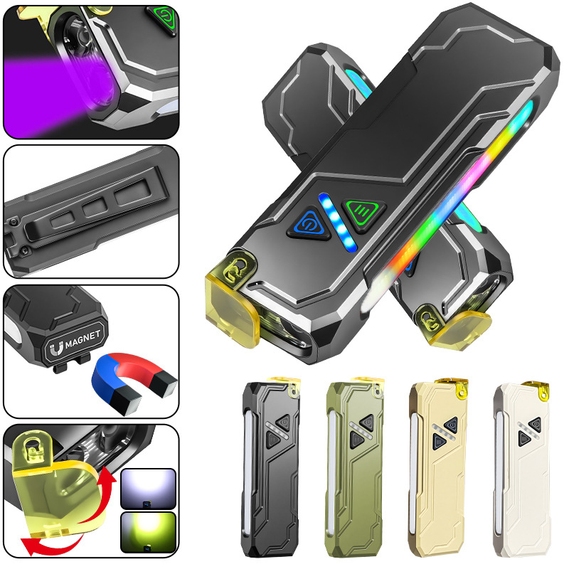 Cross-border new RGB color-changing multifunctional EDC high-intensity flashlight, USB rechargeable with magnetic pen clip, high-intensity atmosphere