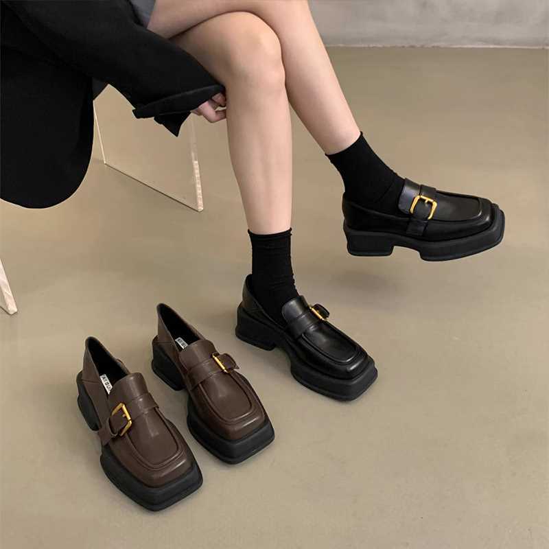 Elevated Platform-soled Lefu Single-layer Shoes Women's 2024 Spring New Retro Square Toe Thick Heeled British-style Small Leather Shoes