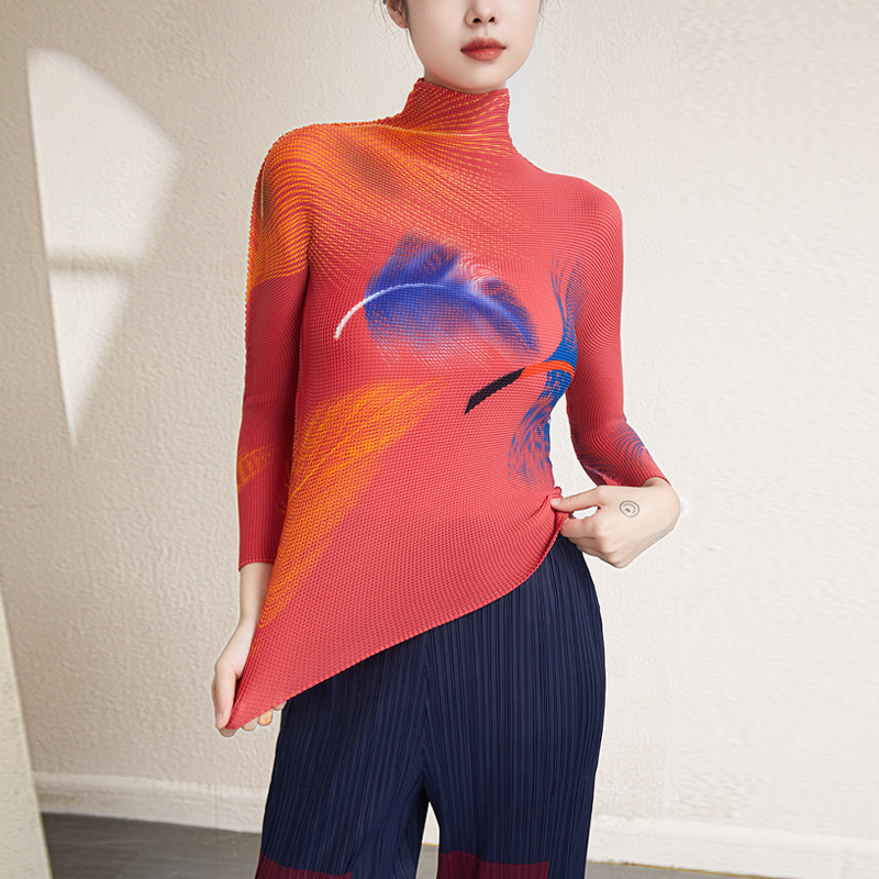 Picture of Miyake's New Half Turtleneck Stretch Slim Printed Bottoming Shirt Top 2025 Autum Pleated Long-Sleeved T-Shirt for Women