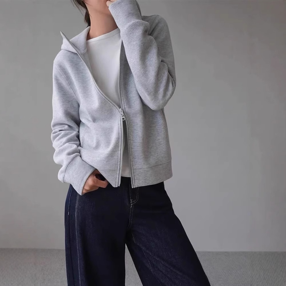 American Style Retro Grey Zipper Hooded Sweater Coat Women's Autumn and Winter New Casual Slimming Long Sleeve Cardigan Top Spring