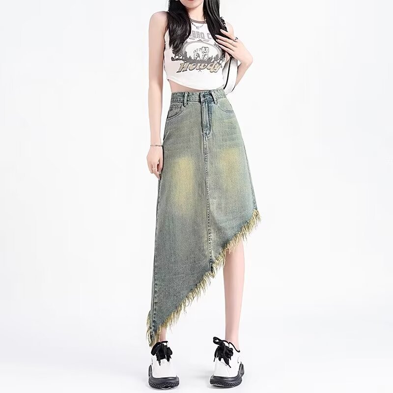 Spring and Summer 2024 New Irregular Design High Waist A- Line Denim Skirt Skirt Women's Small Tassel Skirt