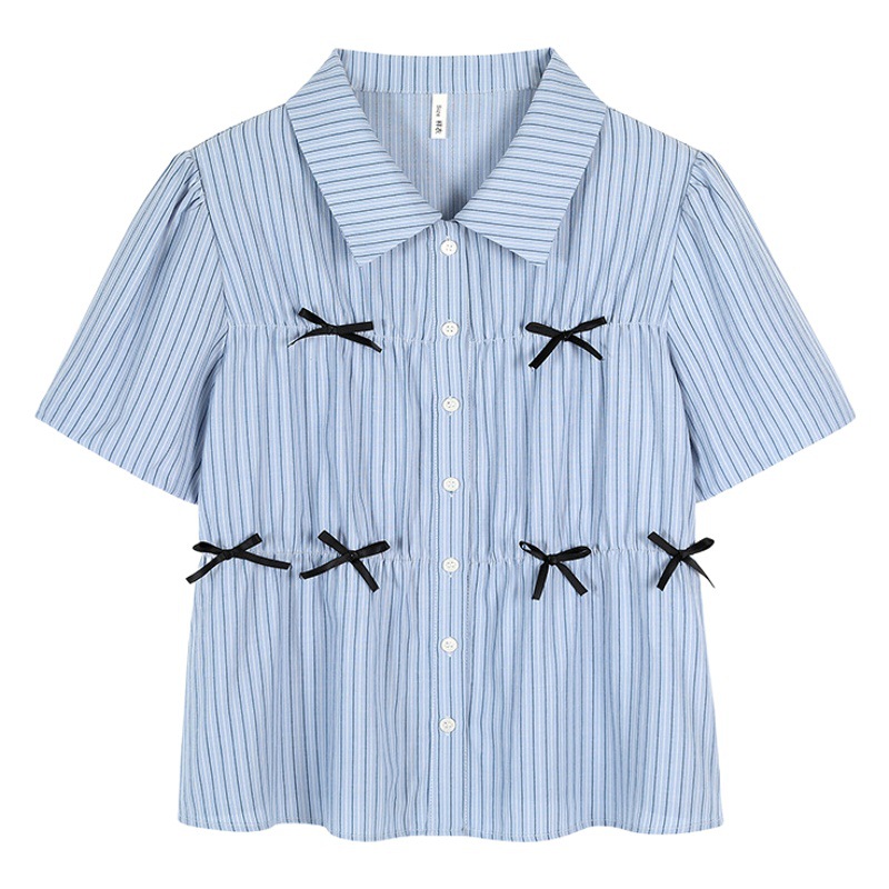 Picture of Salt Sweet Style Wear Academy Style Design Sense Bow Blue Shirt Women's Large Size Slim Shirt for Chubby Girls 62686