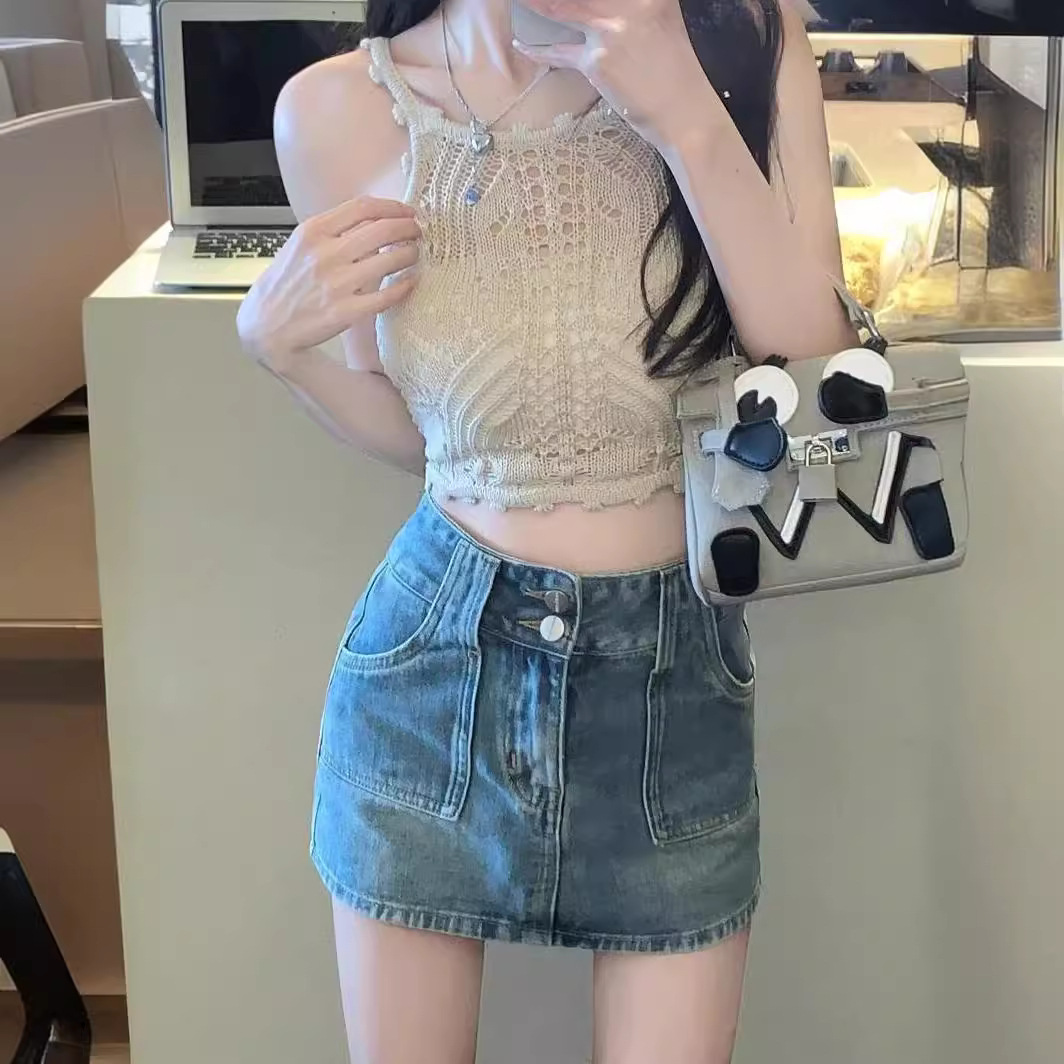 Hot girl retro denim skirt women's summer high waist slimming A- line skirt small hip skirt skirt