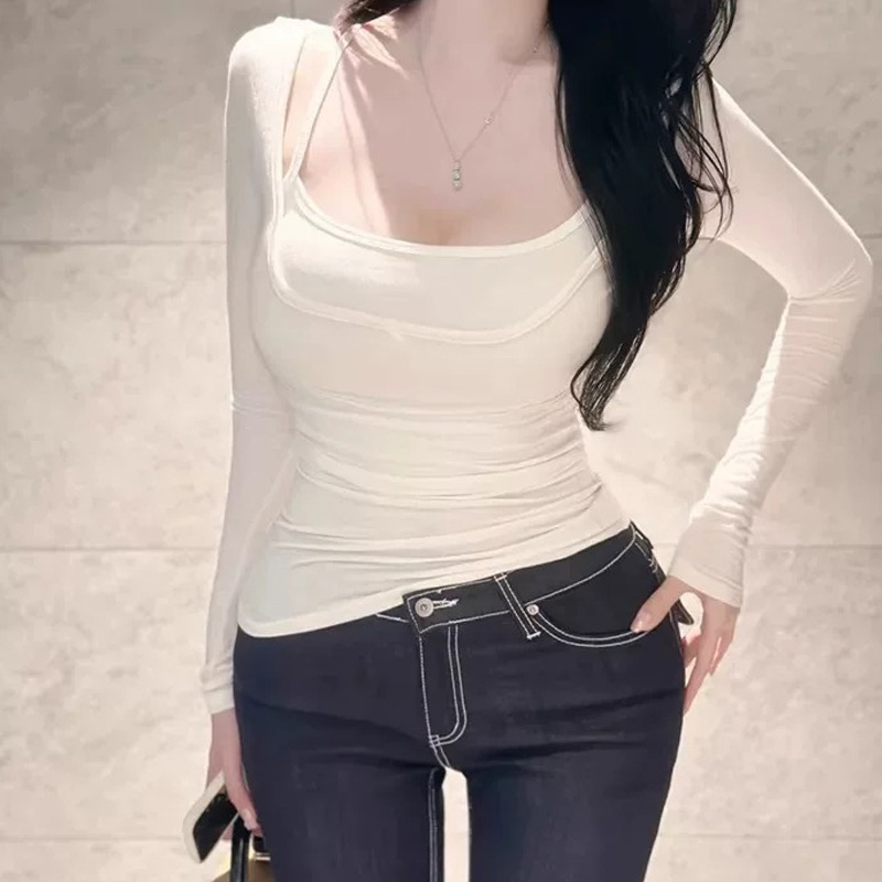 South Korea Dongdaemun New Goddess BI Bei ~ Slim Fit Sexy I-character Backless Strap Low Chest Long Sleeve T-shirt suit