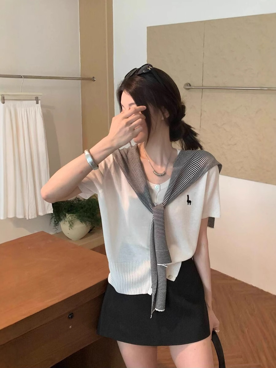 Korean Style Embroidered Knitted Short-Sleeved T-Shirt Women's Two-Piece Summer New Niche Loose Shawl Chic Top