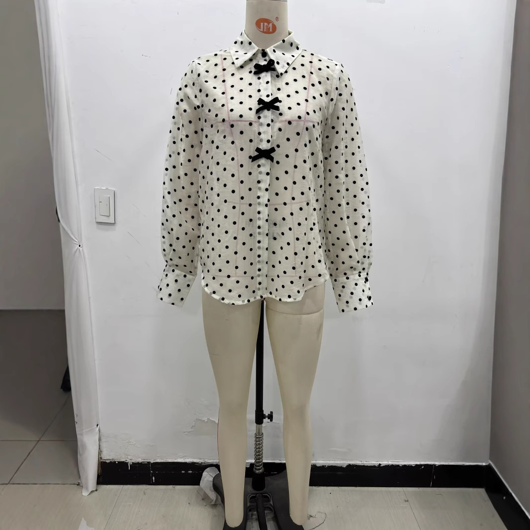 ZA cross-border women's clothing wholesale European and American style new fashion Joker bow decoration wave point long sleeve shirt 2136493