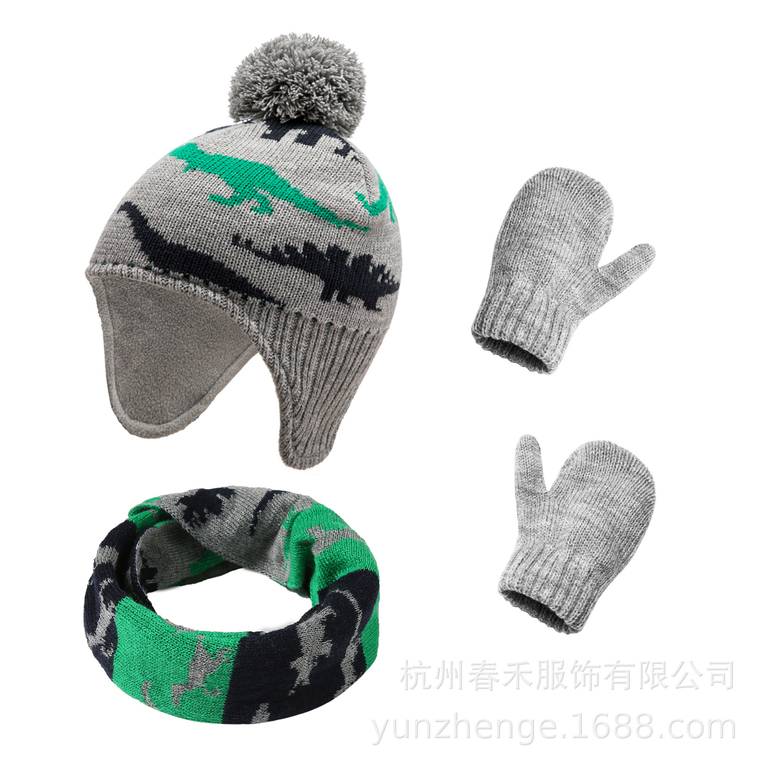 Picture of Spot 6 Color Explosions Autumn and Winter Cartoon Cute Dinosaur Hat Bag Set Young Children's Knitted Hat Gloves Scarf 3-piece Set