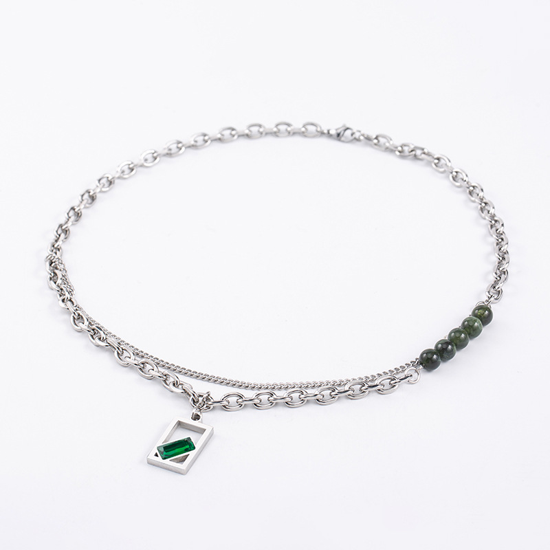 Spring and summer new European and American punk fresh stacked titanium steel stitching green crystal square pendant double layer necklace