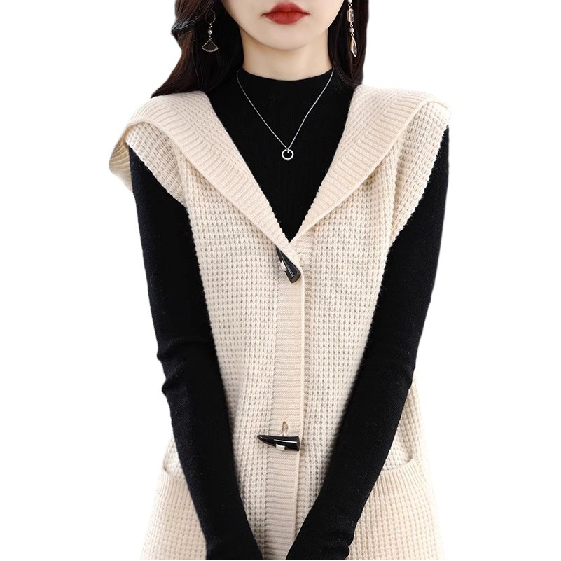Mid-length sweater coat for women 2024 New style vest spring and autumn fashionable hooded knitted cardigan shawl outer wear
