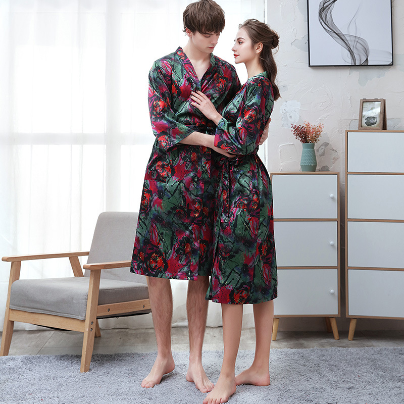 Picture of Couple ice silk bathrobe women's summer thin digital printing artificial silk nightgown men's plus size pajamas spring and autumn