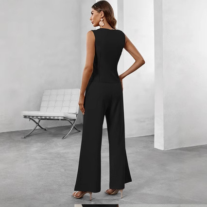 Picture of Cross-Border European and American Solid Color V-Neck Sleeveless High-Waisted Women's Pants Suit Commuting Button Set