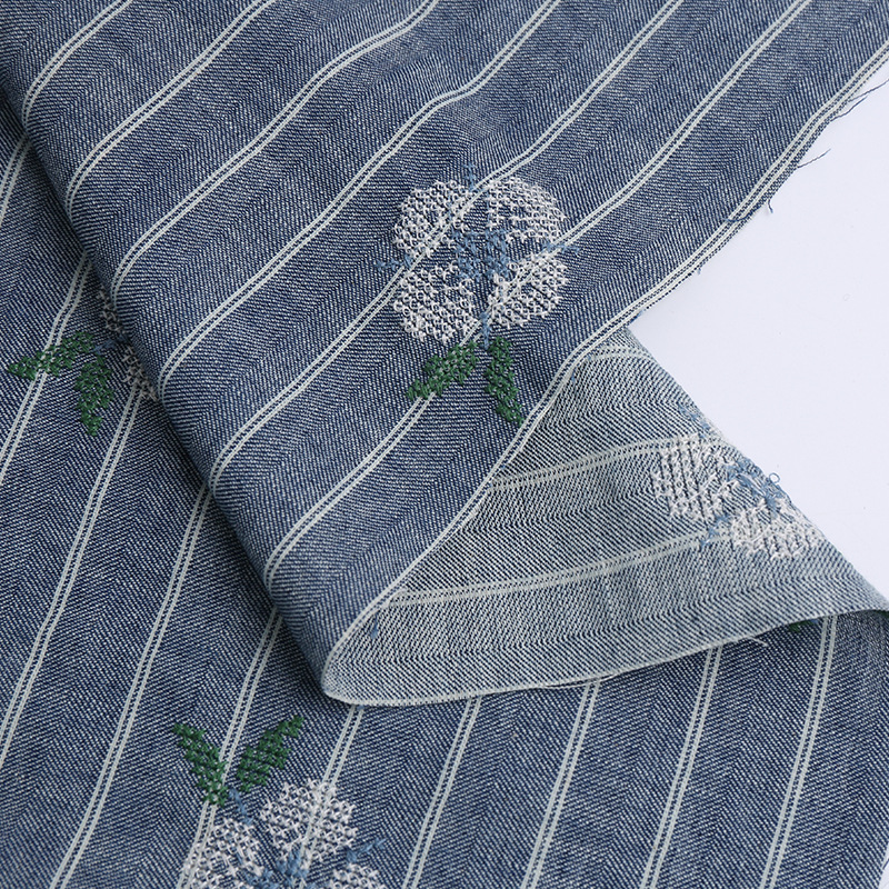 Picture of Denim Yarn-dyed Fabric Rose Flower Embroidered Fabric Jumpsuit Jacket Fabric