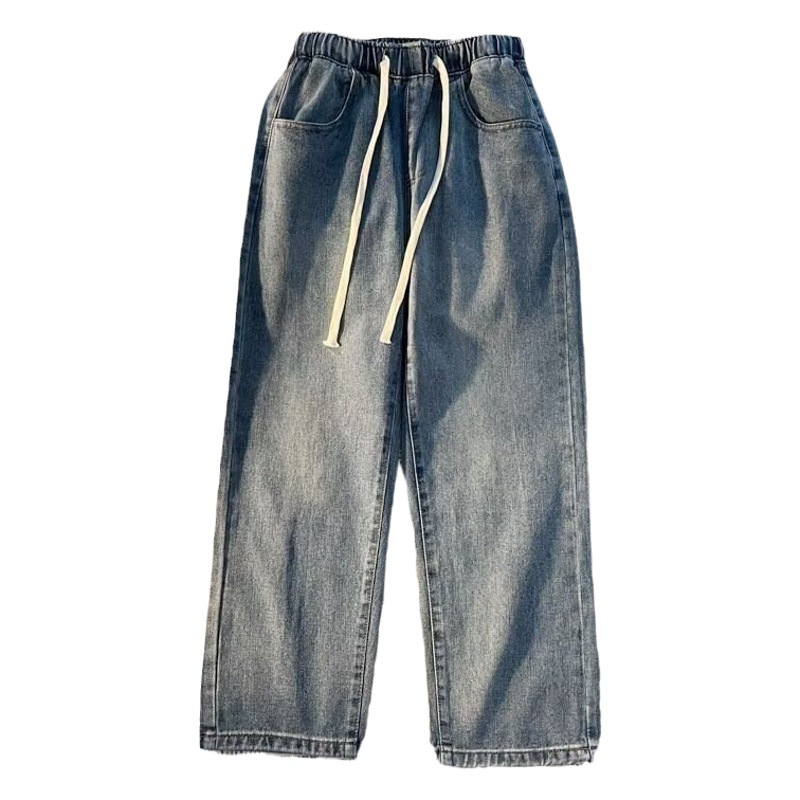 light blue elastic waist jeans women's spring and autumn loose slim straight wide leg drawstring small casual pants