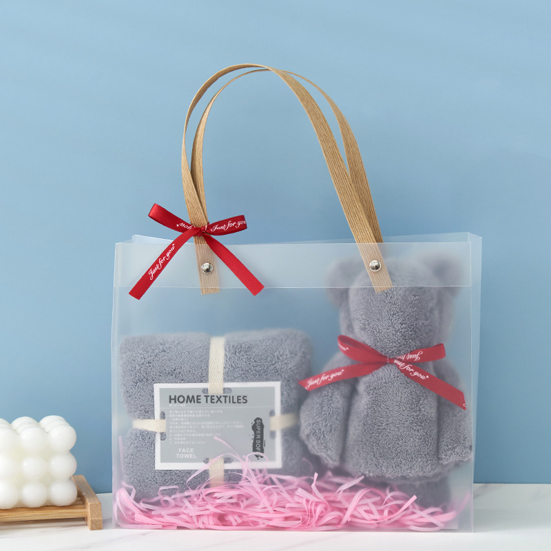 Picture of Coral Velvet Towel Pvc Double Satchel Gift Box Bear Holiday Wedding Souvenir Towel Gift Towel Embroider