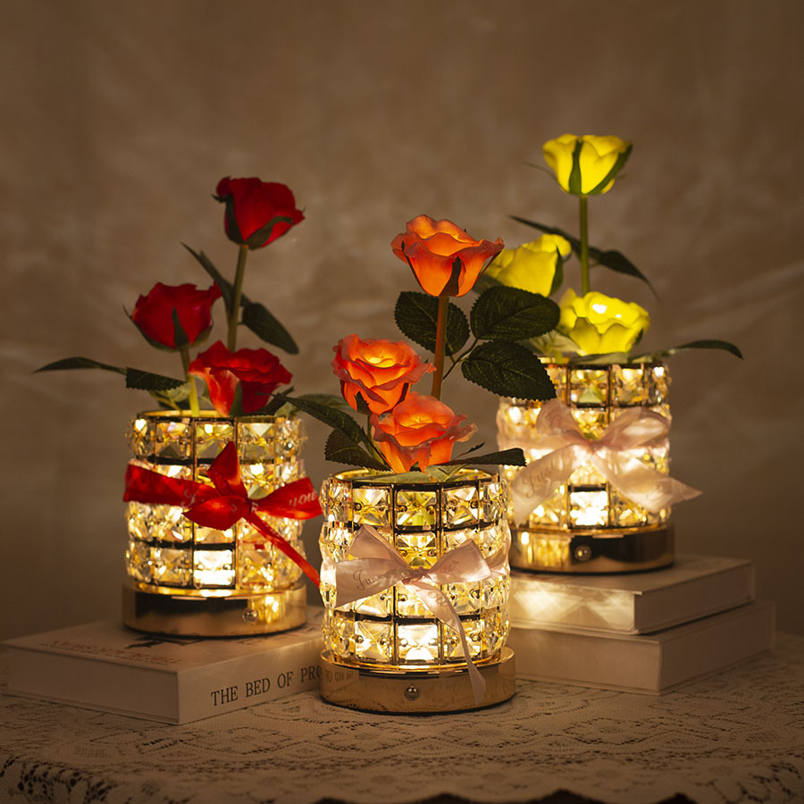 Cross-border three-color dimming rose crystal atmosphere lamp advanced sense decorative table lamp bedside sleep nightlight gift lamp