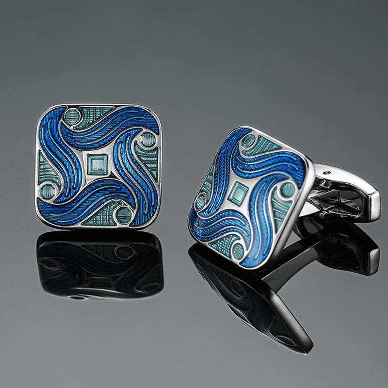 Picture of Glamour Jewelry Men's French Shirt Cufflinks Wholesale Blue Series Enamel Crystal Vintage Pattern Cufflinks