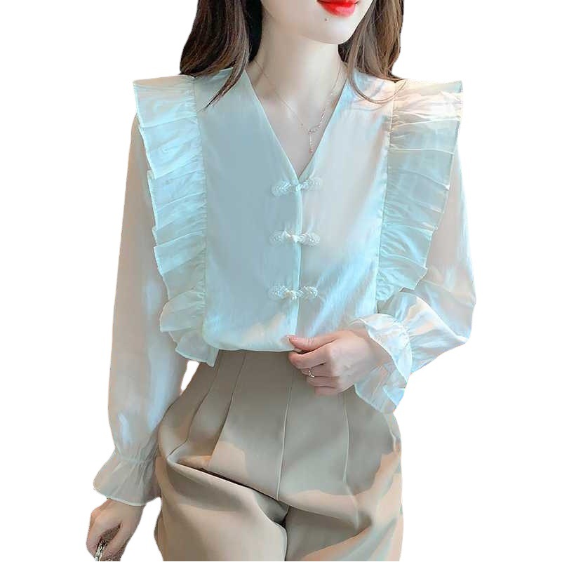 Real shot 2023 spring French sweet chic high-end chiffon Super fairy shirt top female design sense niche