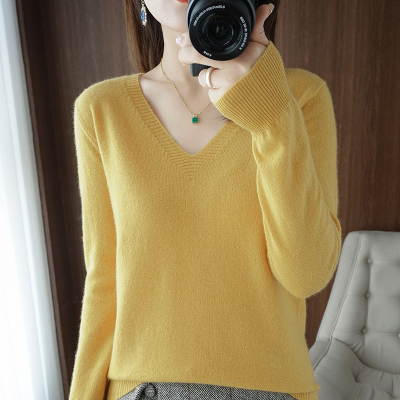 Picture of 2025 Spring New Pure Color V Neck Knitted Bottoming Shirt Pullover Slimming Look Sweater Thin Style Western Style Inner Wear