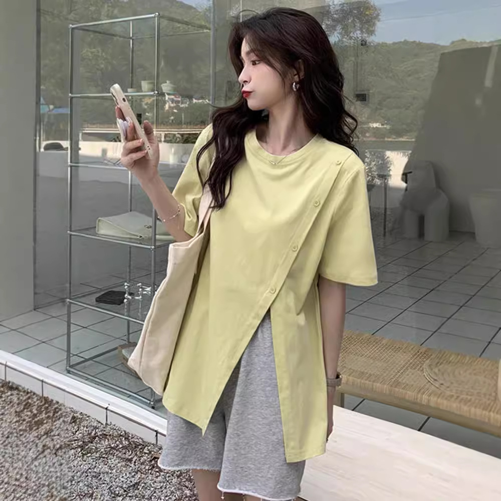 Slit T-Shirt Women's Summer Short-Sleeved Design 2023 New Style Asymmetrical Harajuku Style Loose Popular Student Top Trendy