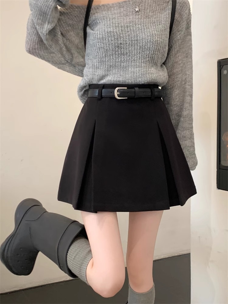 Belly Covering Wool 2024 Fall/Winter plus size Temperament Joker A- Shaped Skirt High Waist Slimming chubby girl Hip Covering Pleated Skirt