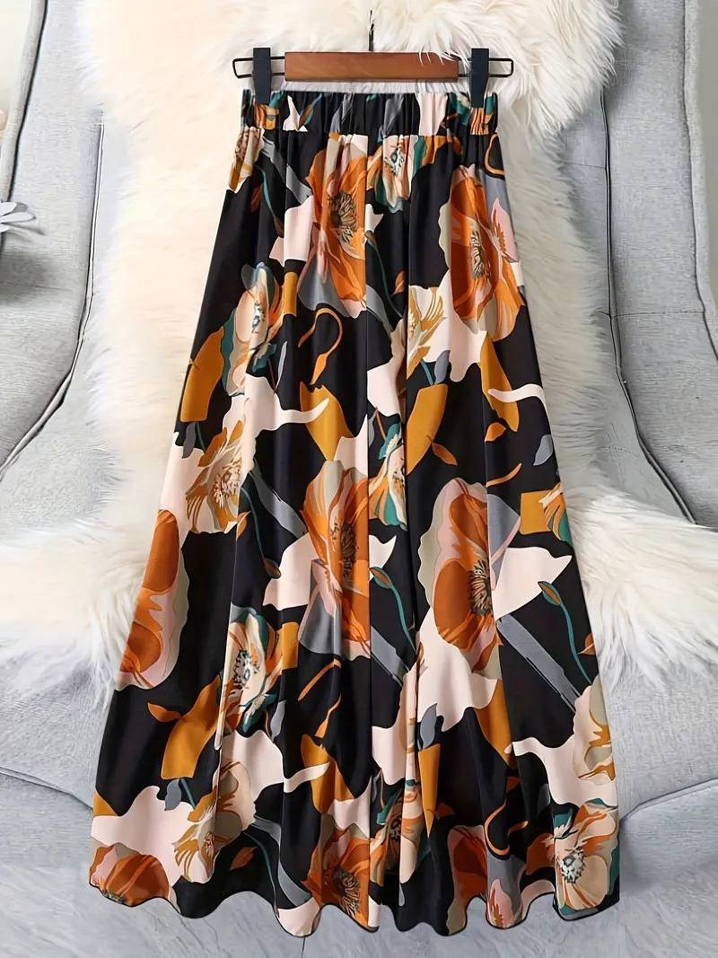 Cross-border 2024 new spring and summer micro-transparent elastic waist printed long skirt commuter all-match A- swing skirt umbrella skirt