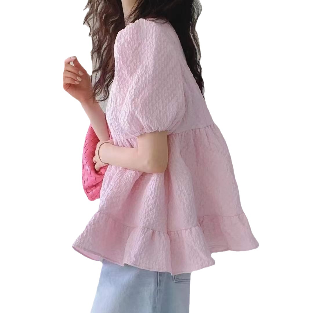 Picture of 2023 Summer New Bubble Top Lotus Leaf Doll Shirt Sweet Short Sleeve Shirt Women's Japanese and Korean Foreign Trade